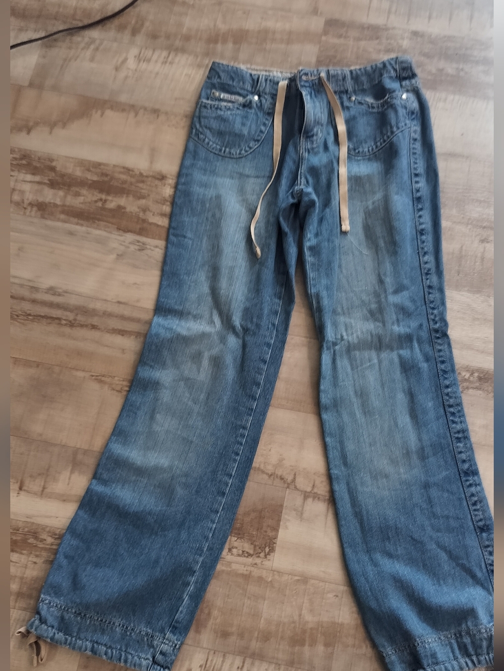 Hydraulic Relaxed Blue Denim Jogger Jeans with Drawstring